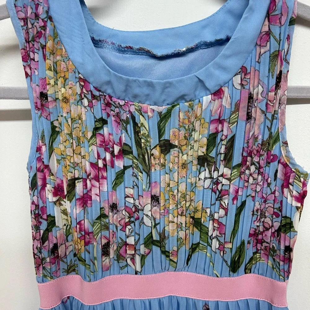 Blue Floral Girls' Dress with Pink Waistband